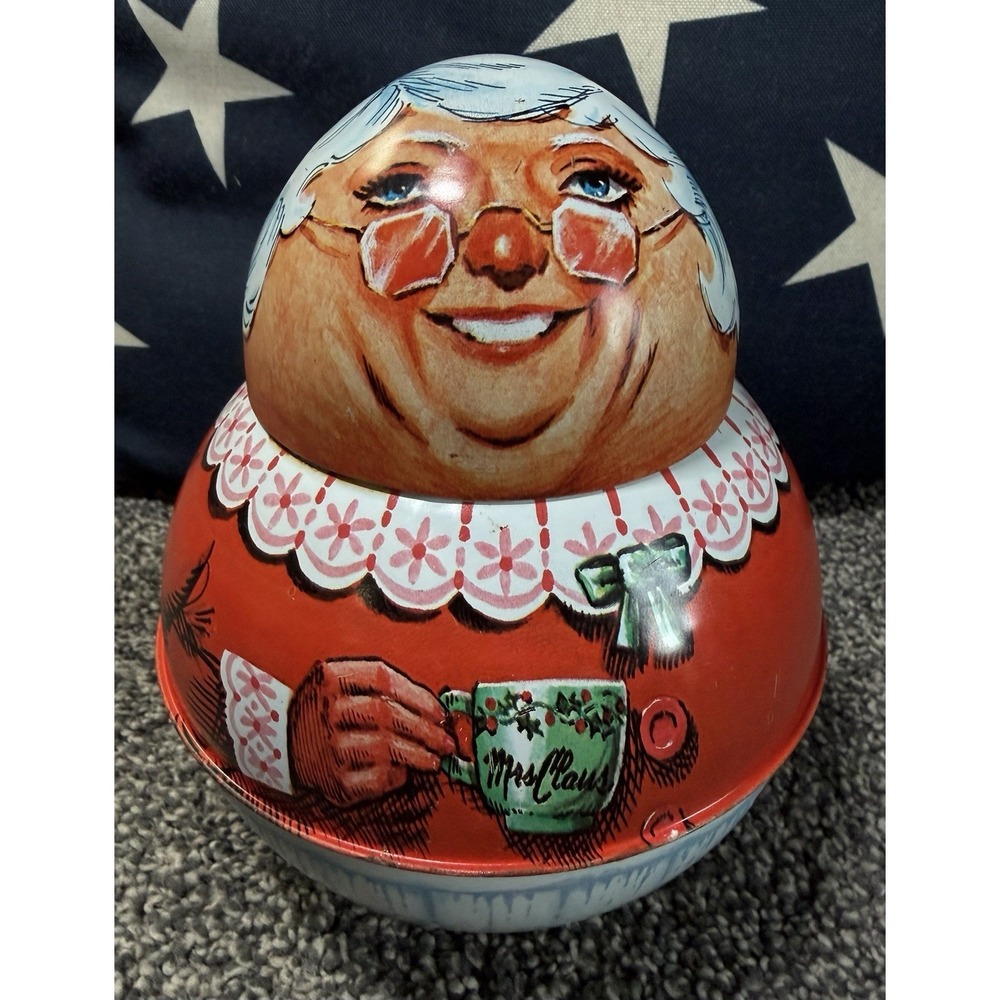 Vintage Bristol Ware 1981 Roly Poly Mrs. Claus Tin Christmas Collectible Decor